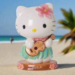 White Ceramic Hula Hello Kitty Figurine with Pink Flower Accent
